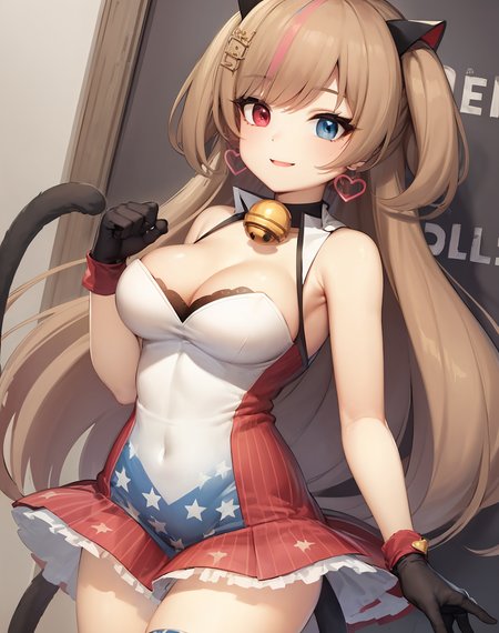 (extremely detailed CG unity 8k wallpaper),(masterpiece), (best quality), (ultra-detailed), (best illustration),(best shadow), (sharp eyeliner, eyeshadow, detailed eyes:1.1), cowboy shot, 
,BREAK
(mk23normal:1.2), cat tail, jingle bell, American flag print, smile, hearts, up close
 <lora:Mk23:.8>