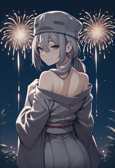 anime, masterpiece, best quality, from behind, solo, 1girl, smile, looking back, long hair, grey hair, hair between eyes, low twintails, grey headwear, hat, grey eyes, japanese clothes, grey kimono, off shoulder, bare shoulders, outdoors, night, fireworks
<segment:yolo-Anzhc Face seg 640 v2 y8n.pt,0.4,0.5//cid=1>