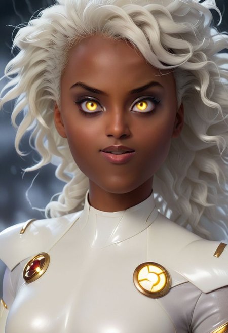 Smallfaced , photo of a cinematic scene from a movie, closeup, <lora:Storm1024-000105:0.8> Storm, white superhero suit, dark skin, dark-skinned female,  white eyes, , glowing eyes, colored eyes, white sclera,  8k, dramatic lighting, great cinematography, cinematic color grading, <lora:Storm1024-000105:0.8>