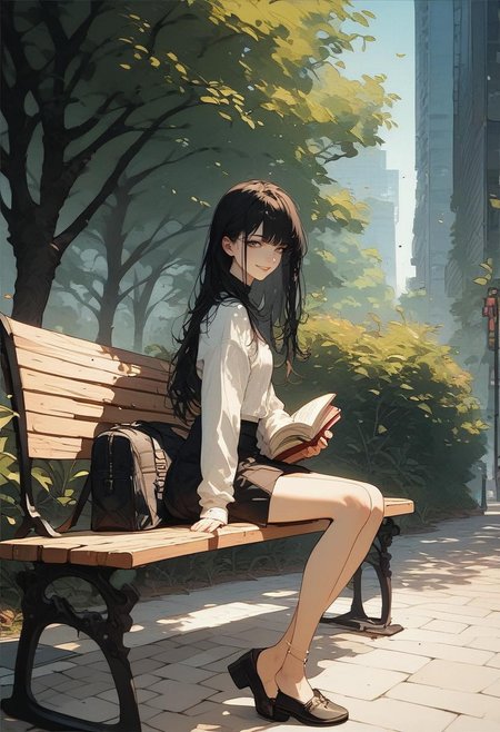 score_9, score_8_up, score_7_up, score_6_up, score_5_up, score_4_up, source_anime, 1girl, solo, 18yo, (slim face:1.5), (bangs:1.2), skinny, thin body, wide hips, thin thighs,.<lora:age_slider_v4:2> <lora:Expressive_H:1><lora:Kenva:0.8>.cowboy shot,.from side,.from front,.bench, book, sitting, looking at viewer, smile, tree, skirt, outdoors, long hair, black hair, bag, open book, day, anklet, black footwear, long sleeves, park bench, black skirt, can, shirt, holding
