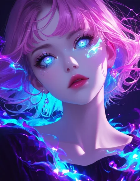 fantastical, ethereal aesthetic,1girl with sparkly eyes, long pink hair, and a glowing, ethereal appearance surrounded by swirling energy in a dark, vibrant purple and blue color scheme.
 <lora:fea_xl_v2:0.85>