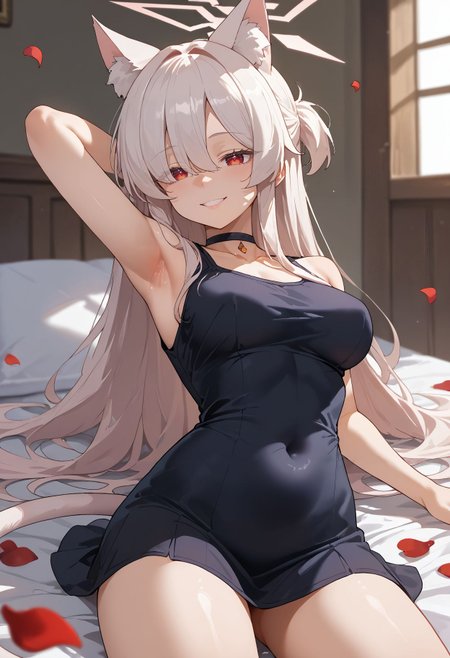 score_9,score_8_up,score_7_up,<lora:kiyosumi_akira_blue_archive_pdxl_goofy:1> akiraBa,1girl, animal ear fluff, animal ears, armpits, black dress, breasts, cat ears, cat tail, choker, covered navel, dress, falling petals, hair over eyes, halo, long hair, looking at viewer, petals, phone, red eyes, seductive smile, shirt, short dress, smile, solo, tail, thighs, white hair