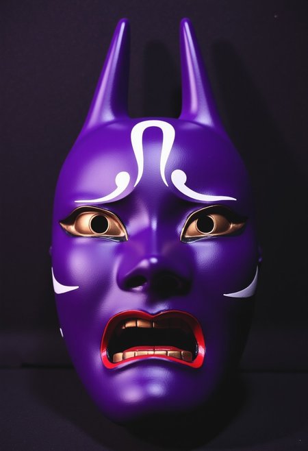 ArsMovieStill, movie still from a 1970s horror movie Studio cursed kitsune mask in a Japanese grave shrine purple miasma