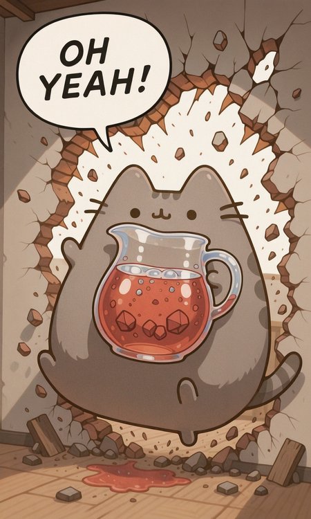 embedding:IllusP0s, OH YEAH!, breaking through wall, holding pitcher, speech bubble, debris, pusheen, no humans,<lora:PusheenIXL.safetensors:1.0:1.0> <lora:OH YEAH_Illustrious.safetensors:1.0:1.0>
