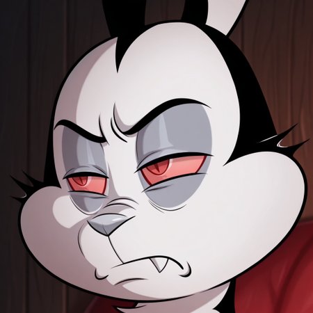 masterpiece, best quality, amazing quality, bunnicula, male, furry male, feral, solo, rabbit, black fur, white fur, two tone fur, red sclera, red eyes, fangs, grey nose, tail, paw pads, narrowed eyes, scowl, upset, close up, portrait