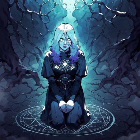 score_9, knva, 1girl, Sable Ward, on knees, salt circle, performing a magic ritual, white eyes, possessed, ethereal spider webs, horror, possession, etherial spiders, fog, shadows,