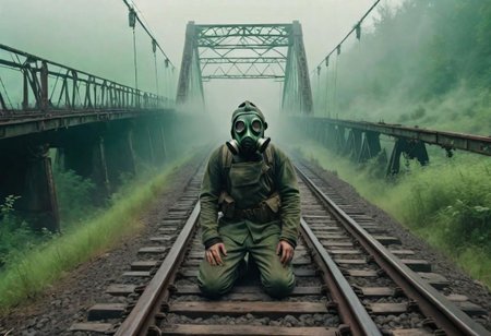 A man in a gas mask crosses a railway bridge, people lie on the ground, thick green fog surrounds the scene, post apocalyptic, scary, high detail, 8k