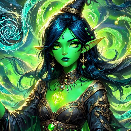 a witch with lime green and black hair, swirling green blue and black magic, jewelry