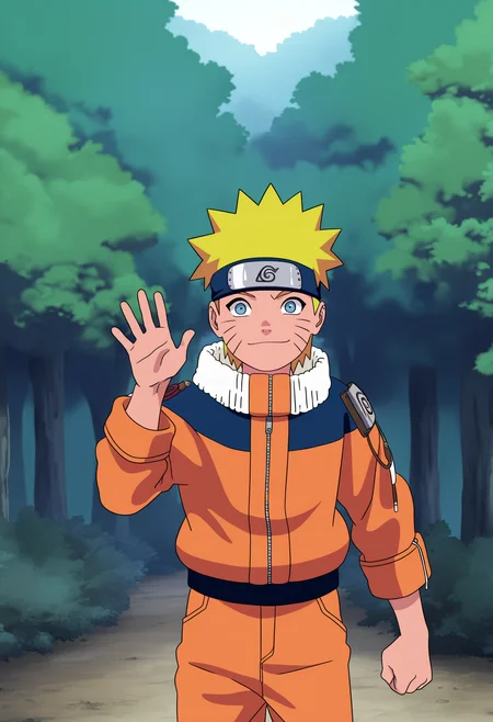 masterpiece, best quality, very aesthetic, absurdres,
1boy, uzumaki naruto, blonde hair, spiked hair, blue eyes, whisker markings, 
forehead protector, orange jumpsuit,
waving,
solo, looking at viewer, standing, cowboy shot, outdoors, forest, anime screencap, anime coloring,  <lora:NarutoGeninNoobXL_byKonan:1>