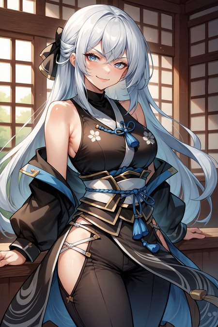 score_9, score_8_up, score_7_up, , rating_general ,1girl , long hair, grey hair,  sidelocks tied back, black hair bow, sleeveless black kimono,  blue tassel, sash, hip vent, black pants, toeless footwear,  source_anime, <lora:ShizunaRemMisurugiPDCAMEq1v1.1 Eiyuu Densetsu:1>, cowboy shot,  abstract, naughty face, alluring, indoors, bare arms