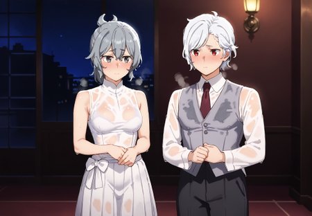 score_9,score_8_up,score_7_up,masterpiece, best quality, <lora:WHM 0.2v:0.5>, WHM, 2D,anime,  
1girl, 1boy,  standing,  love hotel room, indoors, darj room, side by side,,steaming body,  cold, standing in different side, 
 <lora:DarkerThanDarkV0.8:1>  yellow lightm
BREAK
1girl,  1boy, hetero,   standing,  love hotel room, indoors, side by side,steaming body,  cold, standing in different side, 
solo,
 <lora:DanMachi_SyrFlovaXL:0.8>, 1girl, shy, embarrassed,   wet hair, short hair, short ponytail, grey hair, grey eyes, hair between eyes, earrings, SyrDate, wet shirt, collared shirt, white shirt, sleeveless, wet skirt, bow skirt, pleated skirt, white skirt, white bow, thigh gap, zettai ryouiki,dark, night,  sleeveless, 
BREAK
1girl,  1boy, hetero,  standing,  love hotel room, indoors, side by side,,steaming body,  cold, standing in different side, 
<lora:bell01:0.7>, bell01, 
<lora:Bell_Cranel_r2:0.1> belcranel,
only white shirt, red eyes, white hair,black pants,  long sleeves,  wet hair,wet clothes, necktie, shy, blush, 
grey inner vest,