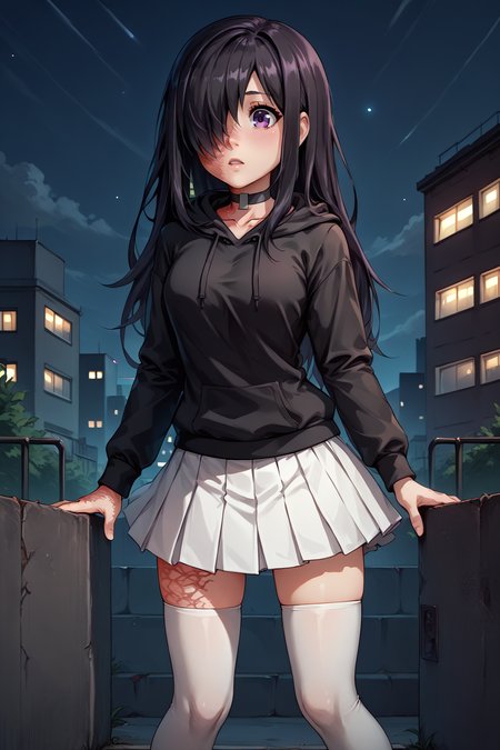 score_9, score_8_up, <lora:NSHanakoKatawa:1> NSHanakoMisc, purple eyes, hair over one eye, black hair, long hair, scar on face, scar on hand, block choker, black hoodie, white skirt, white thighhighs, outdoors, night, city