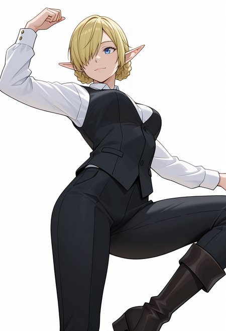 Smooth Quality,masterpiece,very intricate, high quality details, ultra realistic, high detailed skin,detailed enviorement,absurdres, 
simple background, white background, 
from below,dancing,
;),solo, 
 <lora:Kagali_cnn:0.8> 1girl, short hair, blonde hair, blue eyes, pointy ears, braid, hair over one eye, elf,suit, white shirt, formal, long sleeves,  pants, boots,