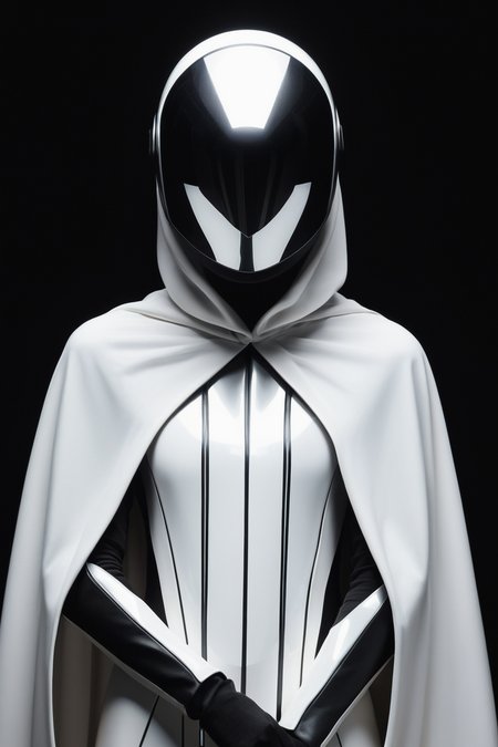futuristic, minimalist depiction of an enigmatic figure, faceless, dressed in a reflective helmet and white cape, crossing arms, stark black background with faint x-shaped lines, androgynous, abstract styling, smooth and clean textures, inspired by sci-fi aesthetics and minimalism, masterpiece