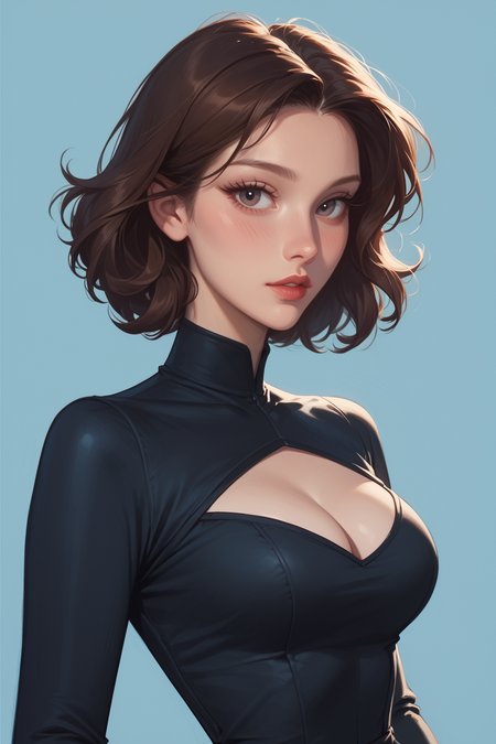 score_9, score_8_up, score_7_up, 1girl, portrait, parted lips, looking at viewer, parted lips, blue background, eyelashes, blush, beautiful, large breasts, small waist, thin, tight black dress, cleavage cutout, long sleeves <lora:DisneyLikePony:1>