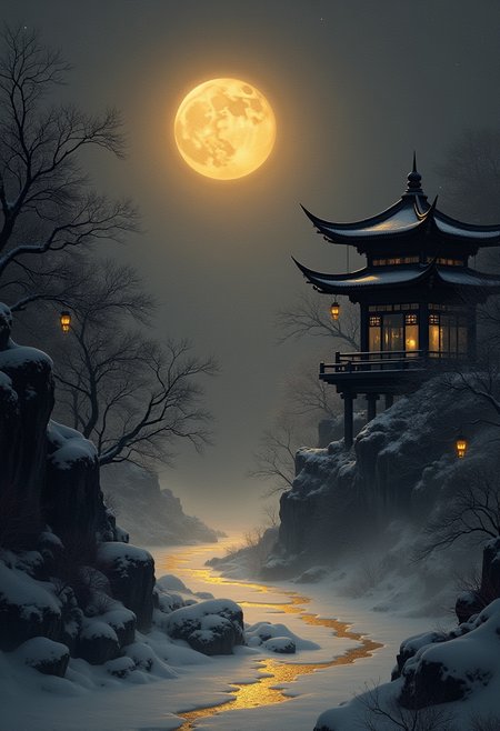 Embark on a minimalistic journey to an ethereal world, where stark contrasts of light and shadow elegantly merge with Chinese architectures intricate lines. A serene atmosphere permeates this black-and-gold landscape, shaped by delicate frostbite yet hinting at hidden warmth beneath layers of icy mist.  Intricate forms of ancient architecture emerge like silhouettes in the moonlit fog, refined through simplicity and balanceâsymbolizing timeless elegance intertwined with the unyielding forces of nature. Gold tones gracefully highlight architectural details, inviting contemplation on harmony within contrasts.  Each line is drawn with precision to express beauty through minimal elements, delicate strokes hint at complexity beneath their apparent simplicity. Negative spaces surrounding these forms serve as quiet whispers inviting the viewer into this enigmatic wintry paradox, where balance teeters between lifes extremities.  Let create this sparse yet evocative tableauâa minimalistic ode to the subtle beauty found in the cold embrace of a winter night, illuminated by moonlights ephemeral glow. Here, simplicity meets sophistication in an enchanting dance of light and shadowâa monochromatic masterpiece capturing the essence of harmonious coexistence between Chinese tradition and the frozen wilderness.  In this world of minimalist abstraction, darkness serves as both muse and constraintâshaping forms with its mysterious presence while leaving space for imagination to flourish amidst its vastness. Amidst its cold vastness, ancient treasures stand resilientâa testament to enduring beauty found in unexpected places.  Allow yourself to be drawn into this enigmatic world of shadows and light, guided by masterful brushwork. Discover the haunting beauty hidden within minimalistic lines as they create intricate stories on the blank canvas of winterâan entrancing dance between darkness and gold, between tradition and wilderness, captivating all who dare venture into its surreal embrace. 