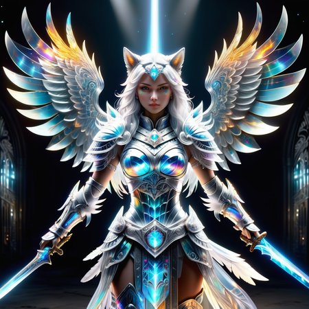 hyper detailed masterpiece, dynamic, awesome quality,DonMSp3ctr4lXL,transluscent space wolf, female warrior maiden spirit, ornamented shining silver armor and weaponry, wings, radiant noble appearance, , guides to the afterlife, bravery, honor, powerful, otherworldly, out of this world,waste byproduct,softened,putrid,stimulating,sale,sanctified,teleportation <lora:DonMSp3ctr4lXL:1>