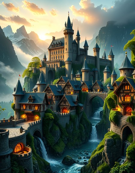 A breathtaking medieval fantasy city nestled in a lush valley, surrounded by towering mountains and dense forests. A grand castle with multiple towers and turrets stands atop a hill, overlooking the town below. The city consists of charming half-timbered houses with glowing windows, perched on rocky cliffs and connected by stone bridges over cascading waterfalls. The river flows through the village, reflecting the warm golden lights of lanterns and torches. Ivy and moss grow over the stone walls, adding to the enchanted, ancient atmosphere. The background features misty mountains with additional fortresses and watchtowers, partially hidden by low-hanging clouds. The sky is illuminated by a soft, warm sunset, casting a golden glow on the scenery, creating a perfect blend of realism and fantasy. Highly detailed, cinematic, and immersive, with a magical, fairy-tale ambiance.
<lora:SDXLFaeTastic2400:0.4> <lora:extremely_detailed:0.4> extremely detailed, <lora:medieval_f4nt4sy_c1ty:1>,medieval f4nt4sy c1ty, Masterpiece,best quality,hi res,8k,hi res,8k,award winning,(sharp focus, intricate, highly detailed),