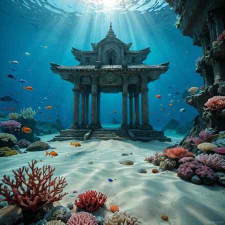 underwater, temple, sand, coral, fish, <lora:The_Deep_Dark_Ocean-SD1.5PonySDXLFlux:0.5>, deepdarkocean, BREAK score_9, score_8_up, score_7_up, best quality, masterpiece, 4k, prefect lighting, very aesthetic, zPDXL2
