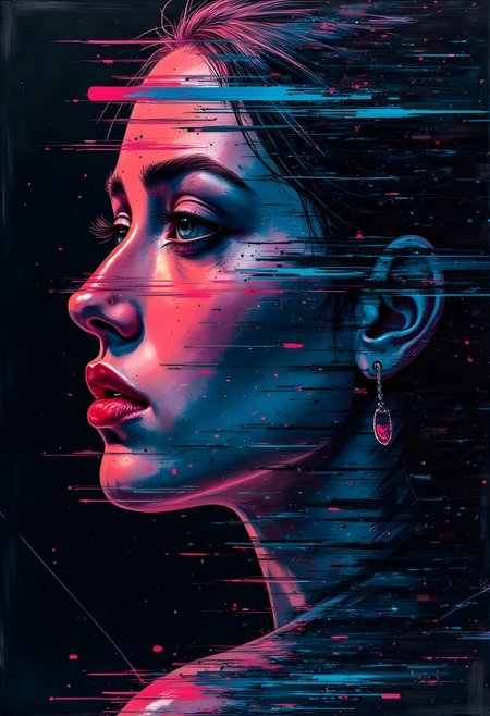 cinna flow, Inkpunk vectorline style, triple glitchy gradient, DSLR style, heavy grain, noisy interference, banding holographic, Oniric Obsidian Mirror photorealistic acrylic gouache, world of a fractured seer, by Syd Mead and HR Giger, lip piercing and multiple facial tattoos, repetitive hand-drawn art style, mirrored shards repeating into infinity, glowing onyx and chrome, modern art style painting, by Yayoi Kusama and Egon Schiele, piercing, repetitive hand-drawn art style, circuit board patterns repeating into infinity, glowing dark silver and electric blue, art done by Tsutomu Nihei, surveillance cam footage, teal and crimson, prismatic color cycling, hueshift strobing, a Hieronymus Bosch surreal psychedelic painting surveillance cam footage, pure reflection shown in the shattered prism, keeper of the fractured reality, anaglyph chromashift glitches, game camera, posted on MySpace 2003.