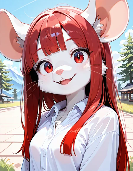 masterpiece, best quality, very aesthetic, absurdres,
outdoors, 
button up shirt,
headshot, head tilt, happy, fangs, 
, parted lips, long eyelashes,
 <lora:Aniya_v01_NAIXL:1>
Aniya, 1girl, solo, furry, furry female, mouse girl, long hair, red hair, gradient hair, straight hair, blunt bangs, sidelocks, red eyes, long snout, animal nose, whiskers, body fur, white fur,