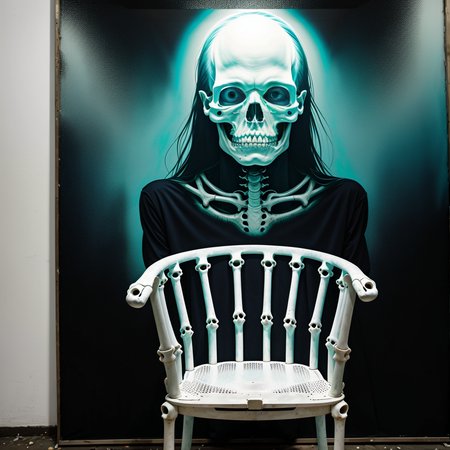 in front of an creepy aqua frosted mirrorpanel seeing through it a chair made of human bones and a bright light behind it, weathered canvas and brushstroke, in the style of takato yamamoto, unfinished, ugly, <lora:takma2:1.2>