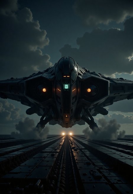 nistyle, in the style of ck-mgs,, in the style of cksx, ckspaceship, silhouette art, chiascuro, a futuristic, highly advanced fighter plane taking off from an aircraft carrier at night, viewed diagonally, it's landing carriage not retracted. The plane is made of a dark gunmetal alloy with rivets, bolts, glowing LEDs and diodes, and has large guns mounted on the exterior; the cockpit shows glowing led lights, and has a large air intake