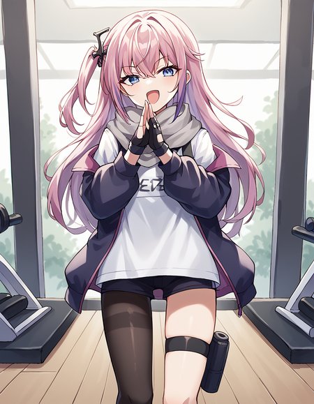 score_9, score_8_up, score_7_up, source_anime, <lora:girlsfrontline-st-ar-15-ponyxl-lora-nochekaiser:1>, st ar-15, blue eyes, hair ornament, long hair, multicolored hair, one side up, streaked hair, pink hair, purple hair,, asymmetrical legwear, black pantyhose, black socks, dress, fingerless gloves, gloves, grey scarf, holster, jacket, pantyhose, scarf, shirt, single leg pantyhose, single thighhigh, strap, thigh holster, thigh strap, thighhighs, uneven legwear, white shirt,, gym, weights, treadmill, mirrors, exercise, , <lora:ojou-sama-pose-ponyxl-lora-nochekaiser:1>, ojou-sama pose, laughing, smug, hand to own mouth, open mouth,, looking at viewer, solo,, dutch angle, cowboy shot