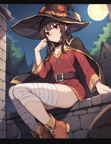solo, cute smile, red_eyes, megumin, small_breasts, half-closed_eyes,witch_hat,bandaged_leg,night_sky, moonlight, leaning on the balcony , score_9, score_8_up, score_7_up, score_6_up, score_5_up, score_4_up, source_anime, BREAK  <lora:Nagioka_Artist_Style_ponyXL-000017:1>