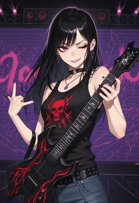 masterpiece, best quality, Graphic Design, color art, vibrant colors, colorful, intricate details, high contrast, detailed background, beautiful detailed, beautiful face, detailed eyes, detailed face, new, newest, w4rl0ck, instrument, electric guitar, holding instrument, 1girl, solo, long black hair, tank top, makeup, jeans, punk, stage, dutch angle, smirk, one eye closed, \m/, gesture, (upper body, perspective:1.4)
