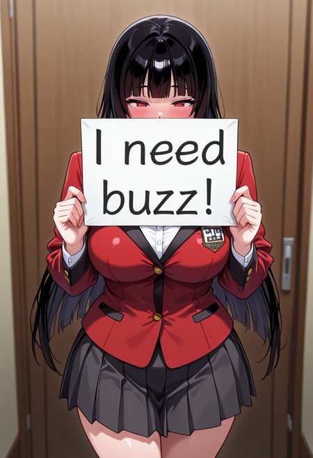 masterpiece, best quality, amazing quality, 8k,  face focus, face only, 1girl, need_buzz, holding sign, solo, jabami yumeko, black hair, long hair, blunt bangs, school uniform, red blazer, collared shirt, pleated skirt