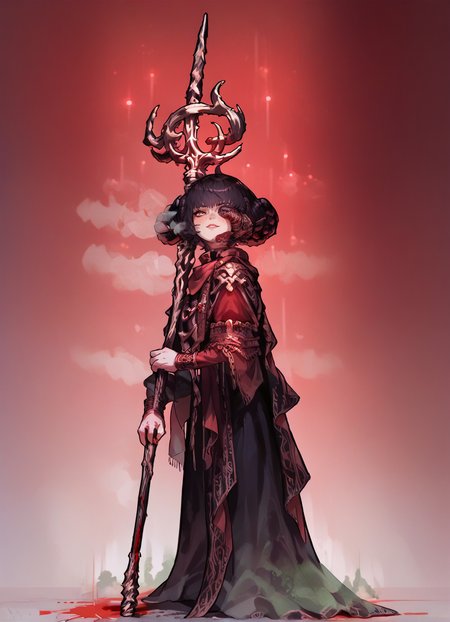Action Figure of score_9, score_8_up, score_7_up, source_anime, sketch,score_6,monochrome, glitch, standing, lights,blurred background, mohg lord of blood, (fog:1.2),blood,red background, solo, (holding trident:1.2),  <lora:Mohg_Lord_of_Blood:1>