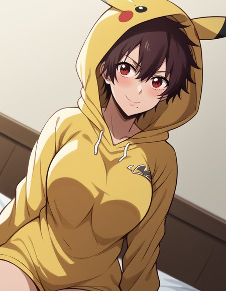 score_9, score_8_up, score_7_up, source_anime, <lora:nagisa-aragaki-s1-ponyxl-lora-nochekaiser:1>, nagisa aragaki, short hair, large breasts, brown hair, red eyes, brown eyes, mole, mole under mouth, tomboy, <lora:pikachu-cosplay-ponyxl-lora-nochekaiser:1>, pikachucosplay, pikachu (pikachu), character print, hood, hoodie, yellow hoodie,, bed, bed room, smile, blush, wariza, sitting, , dutch angle, cowboy shot