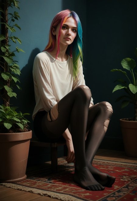 score_9, score_8_up, score_7_up, score_6_up, source_anime, masterpiece, newest,
Highly detailed, 1girl, slender, innocent, sitting, arms at sides, long hair, opaque pantyhose, no shoes, colorful hair, multicolored hair,  casual clothes, realistic, long legs, potted plants, ripped pantyhose