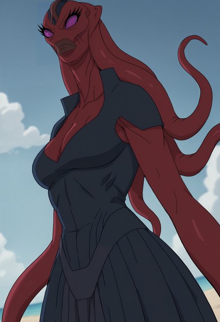 score_9, score_8_up, score_7_up, score_6_up, score_5_up, score_4_up, 1girl, <lora:LucyGOTG:0.85> solo, breasts, colored skin, red skin, purple eyes, no pupils, eyelashes, lips, monster girl, alien, tentacles, tentacle hair, dress, cleavage, full body, upper body, from below, angry, looking at viewer, 
(beach background), sky, clouds