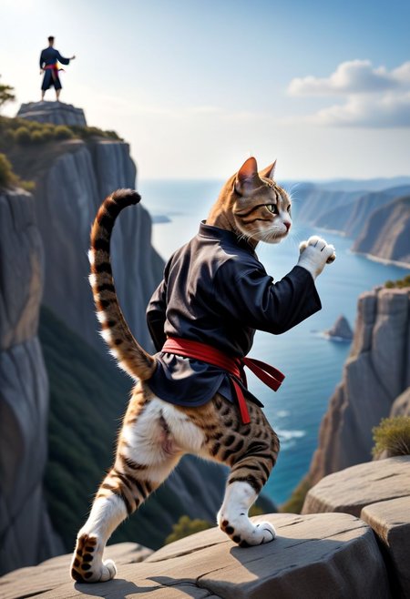 Masterpiece, photorealistic, raw photo, high quality, best quality,(HDR:1.4), a cat martial arts, dynamic, a cat is doing martial arts performance on the top of cliff, cinematic angle shot, from behind , bokeh