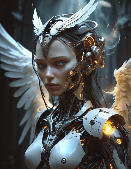 biomechanical cyberpunk A photorealistic portrait of a merciless archangel, their face a vision of divine beauty and unwavering resolve. Their eyes, windows to a soul hardened by countless battles, burn with an intensity that pierces through the veil of reality. Their expression is a symphony of conflicting emotions: righteous fury, unwavering determination, and a hint of sorrow for the fallen. Their wings, a majestic expanse of shimmering feathers, are spread wide, casting a shadow of divine judgment upon the world. The background is a maelstrom of celestial energy, swirling with nebulae, stars, and distant galaxies, creating a sense of infinite power and cosmic scale. The lighting is dramatic, highlighting the archangel's sculpted features and the intricate details of their flowing hair and wings. The overall effect is one of awe and reverence,  <lora:MJ52.safetensors:0.60>   . cybernetics, human-machine fusion, dystopian, organic meets artificial, dark, intricate, highly detailed