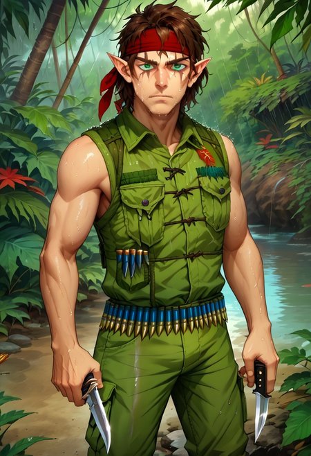 Male elf, solo, muscular, green vest, dark brown hair, green eyes, green cargo pants, black military boots, red headband, bullet belt, jungle, river, face scars, wet, rain, eye scar, holding_knife, knife, holding_weapon, KN1F3L1CKV1,