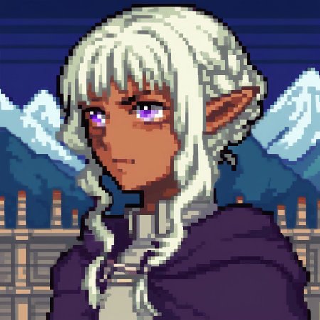 score_9, score_8_up, score_7_up, source_anime BREAK 
, solo, fegbaportraits, portrait, white dungeon meshi,background, portrait,pixel,pixel art,
BREAK 
thistle, thistle original outfit, 1boy, holding, standing, purple eyes, braid, male focus, sidelocks, pointy ears, pants, dark skin, brown footwear, elf, cloak, androgynous, white pants, notched ear
BREAK 
Night,starly sky, mountain,