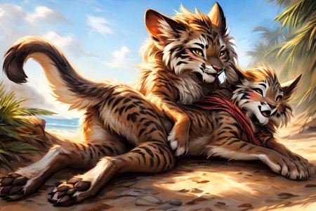 uploaded on e621, by carrot, by castitas, by reallynxgirl, by hioshiru, by loimu, by blotch, by kenket, by lizet,
FurryCore, 
catfolk,
Catra_Shera,
belladonna,
dragon,
(sexy pose), dynamic pose, NSFW, nude,
raised tail, paws, female, flat chest, 
lying on back, butt, presenting, spread legs, 
snuggling, kissing,
feral, furry female anthro cat, detailed and extremely fluffy body fur, tail, stripes, 2 girls, highly_detailed_face, symmetrical_eyes, fangs, open mouth, claws, young,
looking at viewer,
smile, blush, 
athletic, muscular, sleek,
brush stroke style, concept art, highly detailed, masterpiece, best quality, cinematic composition, 
sunlight, on a beach, 
masterpiece, best quality, realistic, (intricate:0.9), (high detail:1.4), film photography, {soft focus}, RAW photo, photorealistic, analog style, subsurface scattering, photorealism, absurd res,