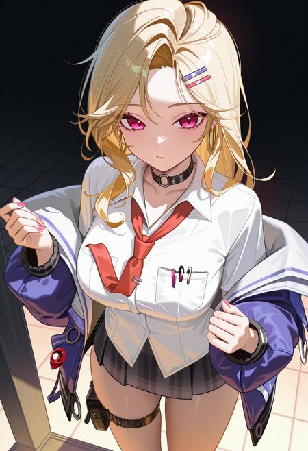 masterpiece, best quality, hires, absurdres, newest, 1girl, solo, standing, <lora:ein-nikke-richy-v1_ixl:1> ein, pink eyes, blonde hair, long hair, hairclip, hoop earrings, black o-ring choker, breasts, white shirt, red necktie, loose necktie, blue jacket, off shoulder, black plaid skirt, pink nails, thigh strap, thigh pouch, breast pocket