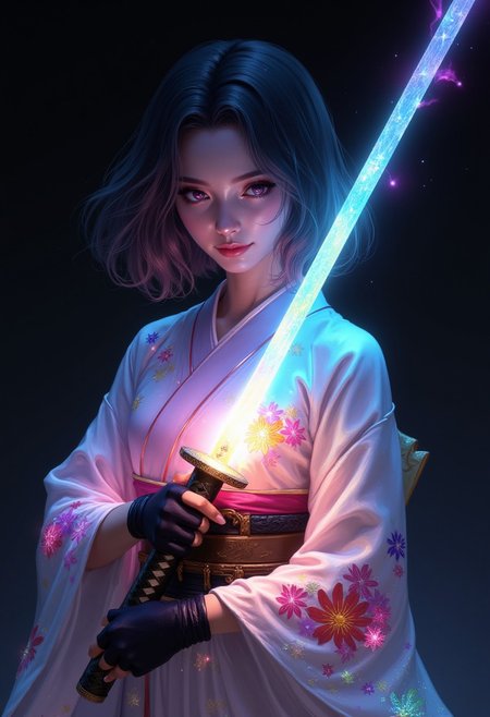 A young woman with shoulder-length wavy iridescent  hair is shown from the torso up, holding a glowing katana in front of her. She is wearing a traditional kimono that is white with iridescent, vibrant floral patterns in shades of pink, orange, blue, and green. The katana has a glowing, rainbow-colored blade, with the hilt held firmly in both her hands. Her right hand, visible and ungloved, grips the handle near the bottom, while her left hand, wearing a black glove, is placed near the guard. Her expression is calm, her gaze lowered. The kimono drapes softly over her form, and colorful, ethereal flowers seem to emerge from the fabric. The background is dark and minimal, which contrasts sharply with the vibrant light coming from the sword and the glowing floral patterns on her clothing. The lighting emphasizes the soft glow of the sword and flowers, creating a magical, serene atmosphere. The perspective is a close-up shot focusing on the upper half of her body, highlighting the intricate details of her kimono and the vibrant, colorful light effects, drkfnts style,