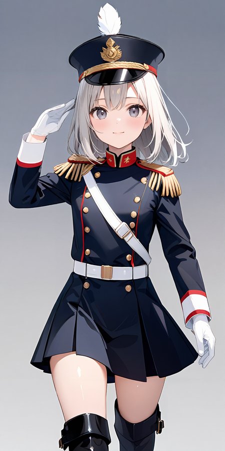 masterpiece,ultra-detailed,best quality,8K,illustration,cute face,clean skin ,shiny hair,girl,simple background
 <lora:add-detail-xl:1>  <lora:marching uniform_XL_V1.0:0.5> jyojifuku, marching, hat, boots, uniform, gloves, epaulettes