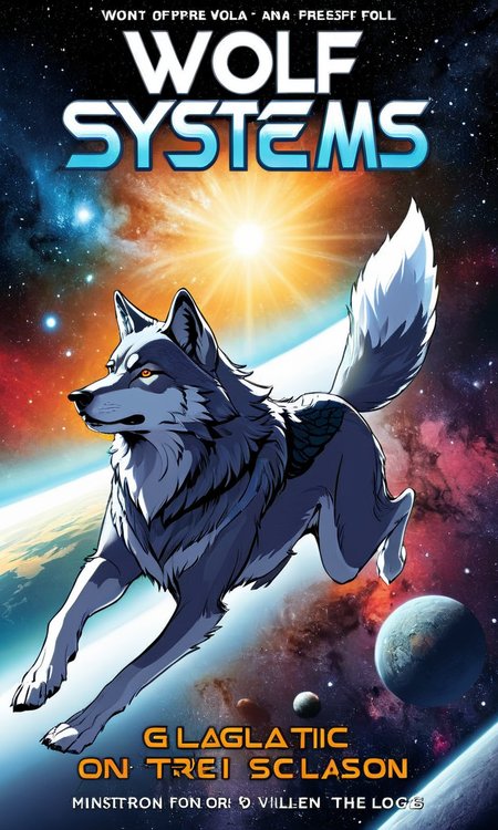 a comic book cover of a wolf flying through space, text " wolf_systems, an epic adventure" , outline, best quality, masterpiece,   <lora:cbcmkrsdxl:1>, cbcmkrsdxl, galactic, 4 legs,