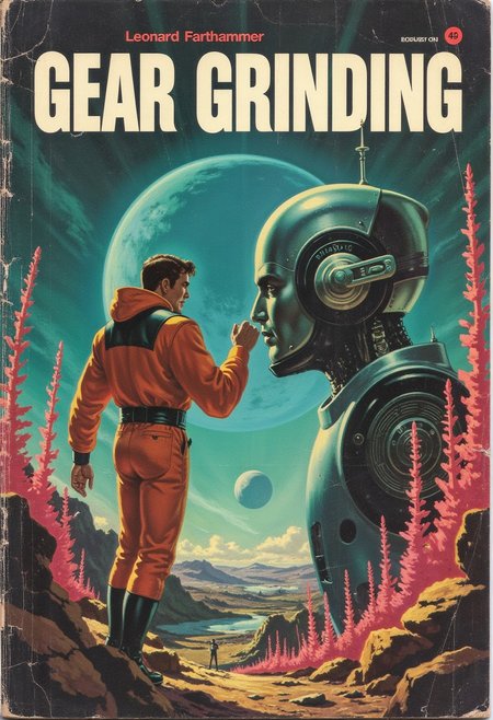 Book cover, (Title in bold white letters arranged at the top: Gear Grinding), (((sub title in bold white letters arranged at the bottom: Leonard Farthammer)))wear and tear on cover. Photorealistic, photograph," A retro sci-fi book cover depicting an intense, romantic moment between a male space explorer and a humanoid alien male robot. The robot’s sleek chrome body is adorned with intricate gears and glowing circuitry, its design blending elegance with industrial futurism. The explorer, in a bold orange and white retro space suit, reaches out to touch the robot’s face, their figures framed by the luminous tendrils of bioluminescent plants. The background features a massive ringed planet glowing in a teal and magenta sky, evoking the classic style of mid-century sci-fi, anime, cyberpunk, DB4RZ, DB4RZ style painting