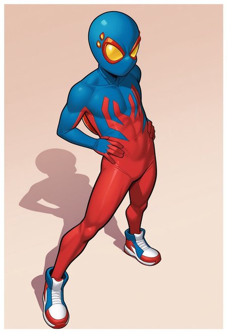 1boy, male focus, cute boy, BaileyBriggs, Mask, Yellow Eyes, Spiderboy Costume, Two-tone Bodysuit, Red Bodysuit, Blue Bodysuit, Red Blue Sneakers, hands on hip, simple background, graphic border, cinematic, intricately detailed illustration, depth of field, masterpiece, best quality, amazing quality, very aesthetic, absurdres, newest, very awa, shadow, dynamic angle, casual cosplay, dynamic pose,  cute pose, side view
