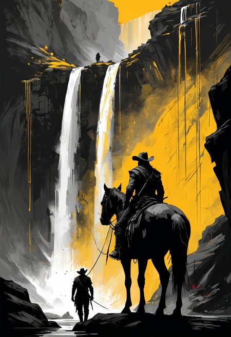 Silhouette style long shot, line art drawing style of Guy Denning, silhouette, dark silhouette style, 
Dwarven cowboy stands next to his huge horse. The horse is drinking from a waterfall.
yellow outlines, white outlines, complex drawings, shapes, glowing outlines, abstract shapes, surreal, mystical, white, black, yellow, blank background, blood red, masterpiece, (((high contrast, minimalistic, black and white, stark, dramatic))), pencil drawing, sketch, artstation, modern, sleek <lora:add-detail-xl:1> professional, minimalist, graphic, line art, vector graphics. ((Resplendent spotlight highlighting)).