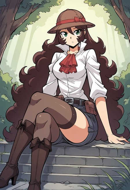 masterpiece, best quality, uncensored, source_anime BREAK score_9, score_8_up, score_7_up, score_6_up, score_5_up, score_4_up, 1girl, solo, mariewright, green eyes, brown hair, very long hair, big hair, curly hair, Expressiveh, hat, white shirt, collared shirt, open collar, puffy sleeves, shorts, belt, ascot, strap, thighhighs, boots, high heels, sitting, crossed legs, outdoors, <lora:Expressive_H:0.6> <lora:add-detail-xl:0.5> <lora:mariewright:0.8>