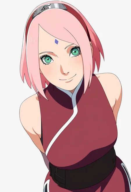 masterpiece, best quality, very aesthetic, absurdres,
1girl, haruno sakura, pink hair, short hair, green eyes, hairband,
forehead mark, sleeveless shirt, bike shorts,
upper body, arms behind back,
smile, solo, looking at viewer, simple background, white background    <lora:SakuraTheLastNoobXL_byKonan:1>