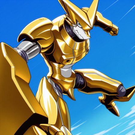 safe_pos, masterpiece, best quality, highly detailed, realistic, 1boy, solo, OmegaShoutmon, furry, anthro, scalie, white mouth, blue eyes, armor, gold armor, afternoon, blue sky, detailed background, angry, closed mouth, looking at viewer, shiny armor, low-angle view, jumping, attacking viewer, clenched fist, punching viewer, wide eyes, (2 fingers)
